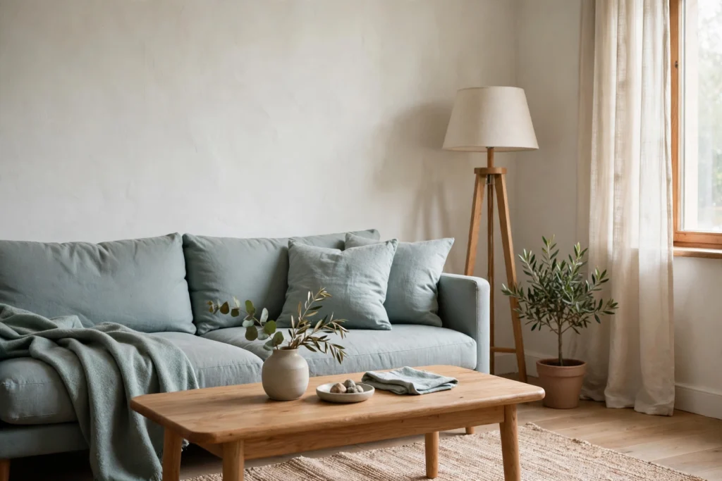 Lounge corner with pale walls, soft daylight, cushions in calm colours and a floor lamp