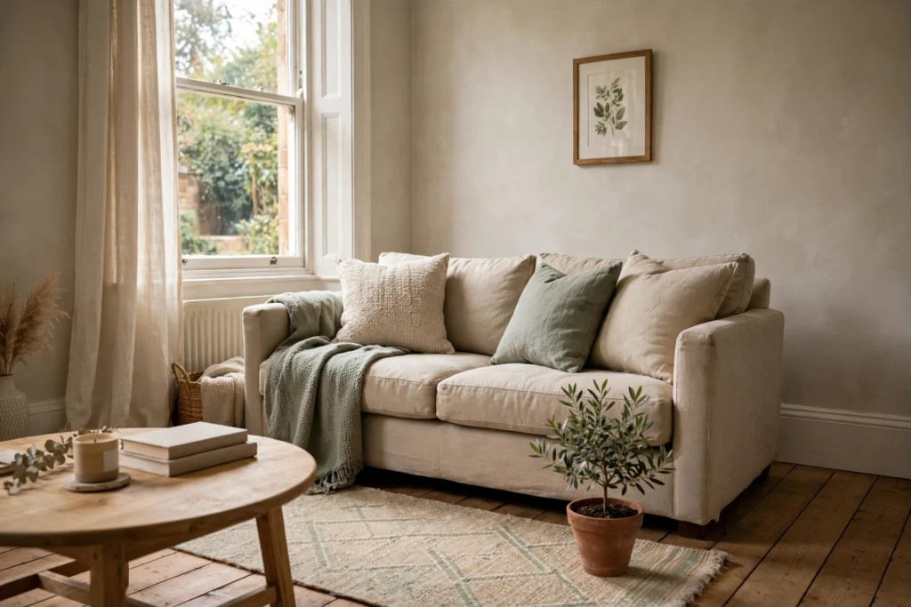 Calm living room with a neutral sofa, cushions, rug and natural daylight