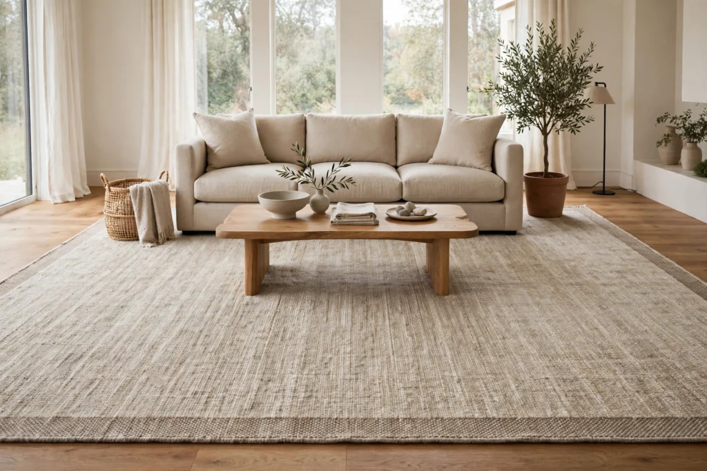 Sofa and coffee table on a large rug with clear space around the seating group