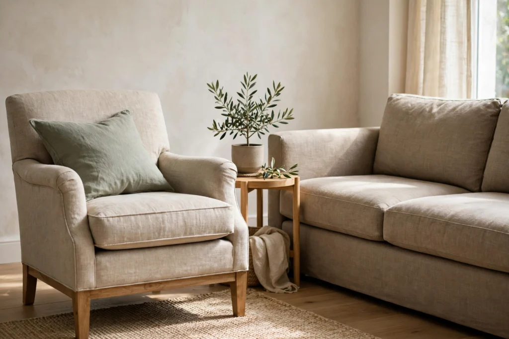 Armchair beside a sofa showing seat size and comfort, with cushion and small side table