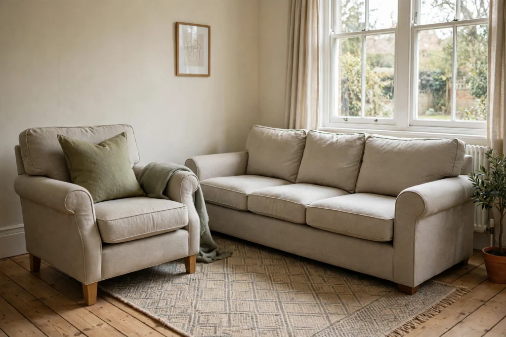 Armchair with cushion beside a three-seater sofa in a bright living room with wooden floor and rug