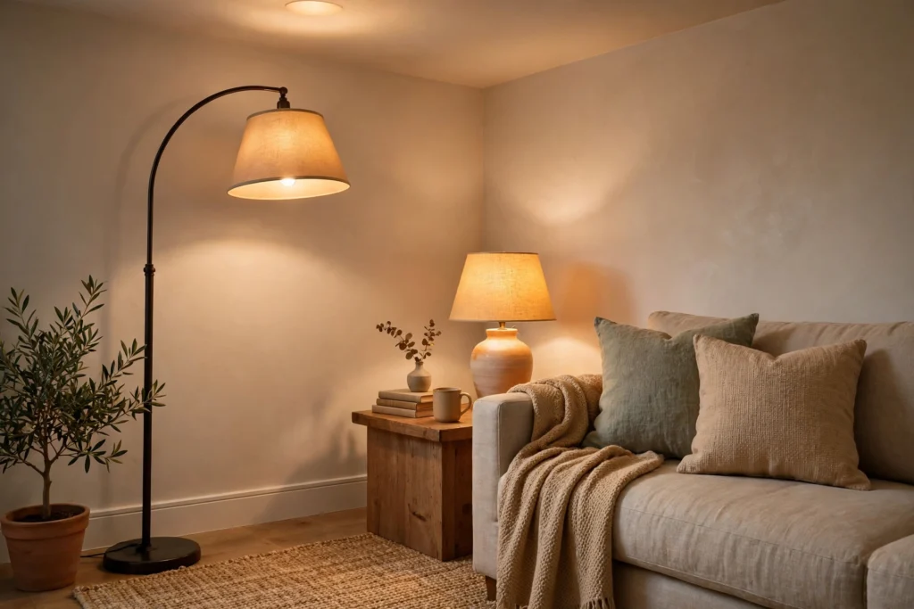 Layered warm lighting from floor lamp, table lamp and ceiling light in a living room reading corner