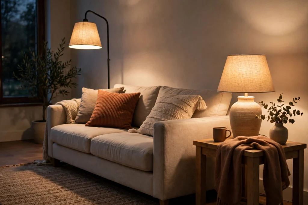 Floor lamp and table lamp giving warm light beside a sofa in the evening