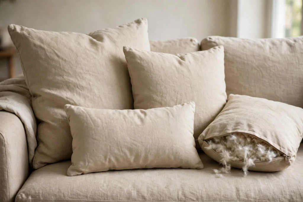 Sofa cushions in different sizes with a lumbar cushion in front and soft filling visible in one open cushion
