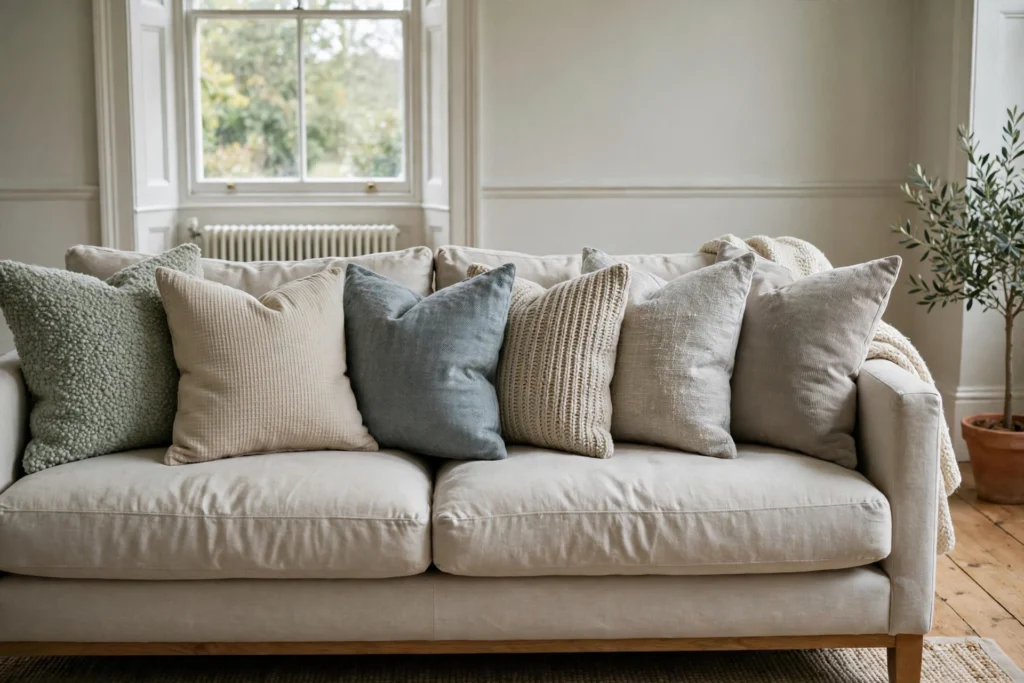 Plump square sofa cushions in calm colours and varied textures arranged on a light sofa in a bright living room